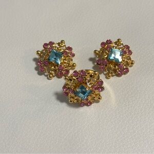Vintage Versus Versace Crystal Clip-On Earrings & Ring Set Made in Italy